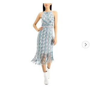 INC International Concepts Teal Multi-Print Fringe Hem Midi Dress